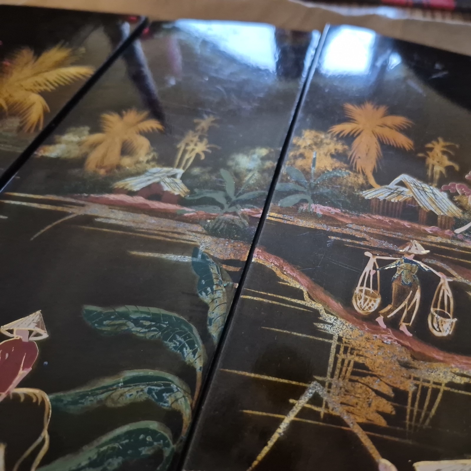 4 Vintage Asian Vietnamese Hand Painted Black Lacquer Wall Art Plaque Panels