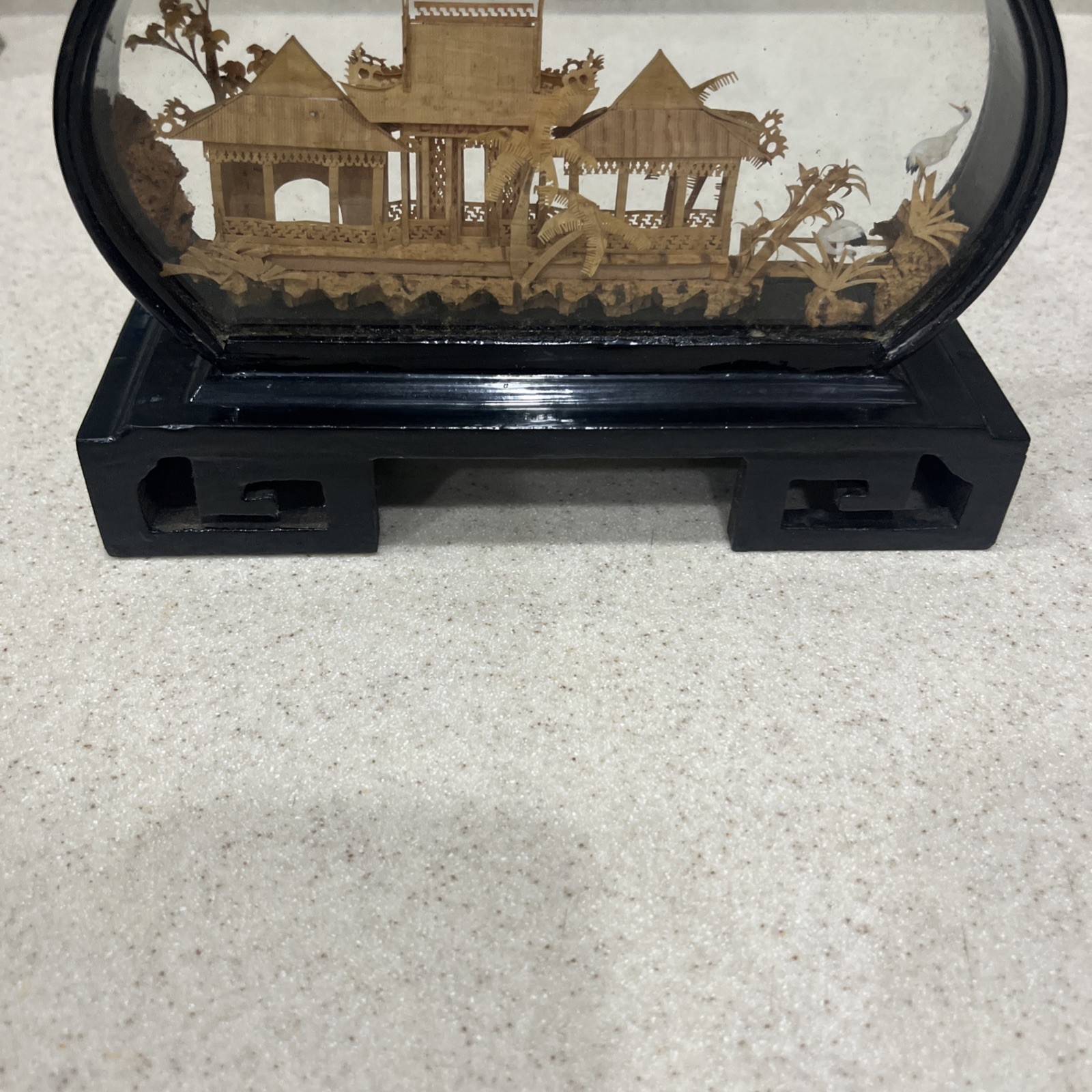 Vintage Hand Carved Cork Art Shadow Box Asian Temple Pagoda Scene Framed Diorama