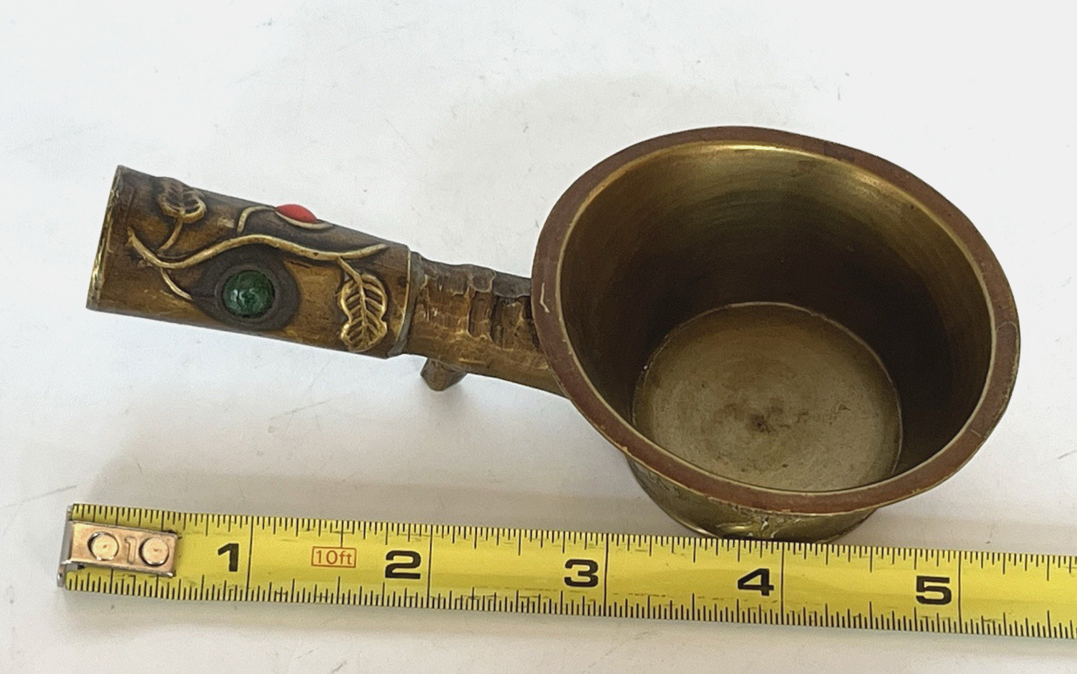 Vintage Brass Chinese Silk Coal Iron Floral Design Enamel Insets on Handle