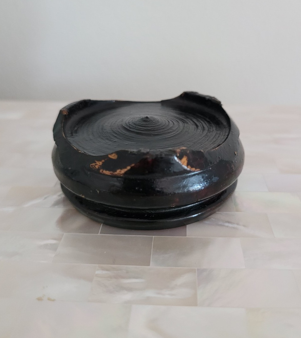 Vintage Chinese Large Black Floral Bird Cloisonne Egg on Wood Stand 5-5/8″ High