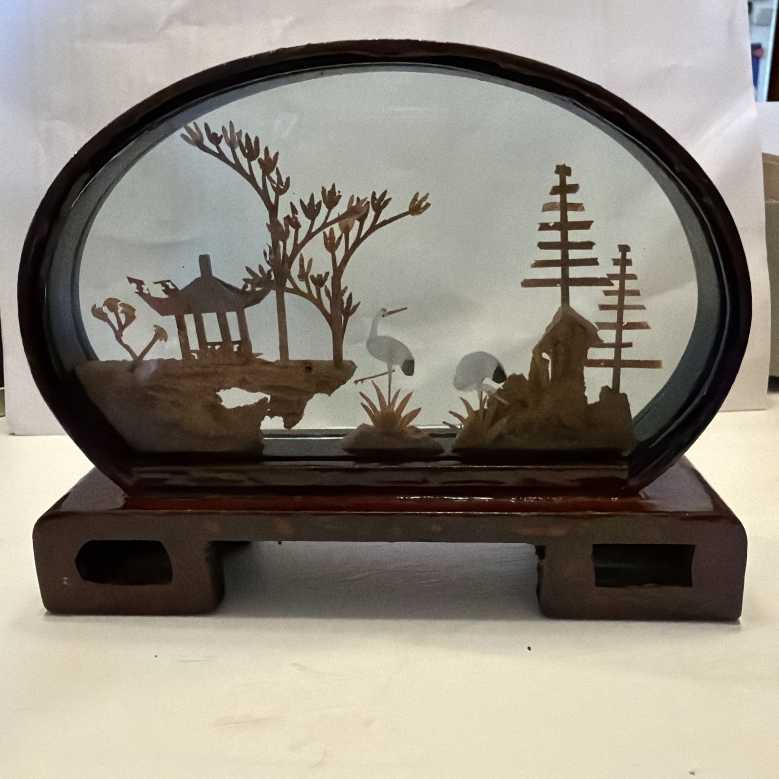 Carved Cork Diorama Asian Oriental 3D Art Miniature Cranes Vintage 6”x4.5”x1.5”
