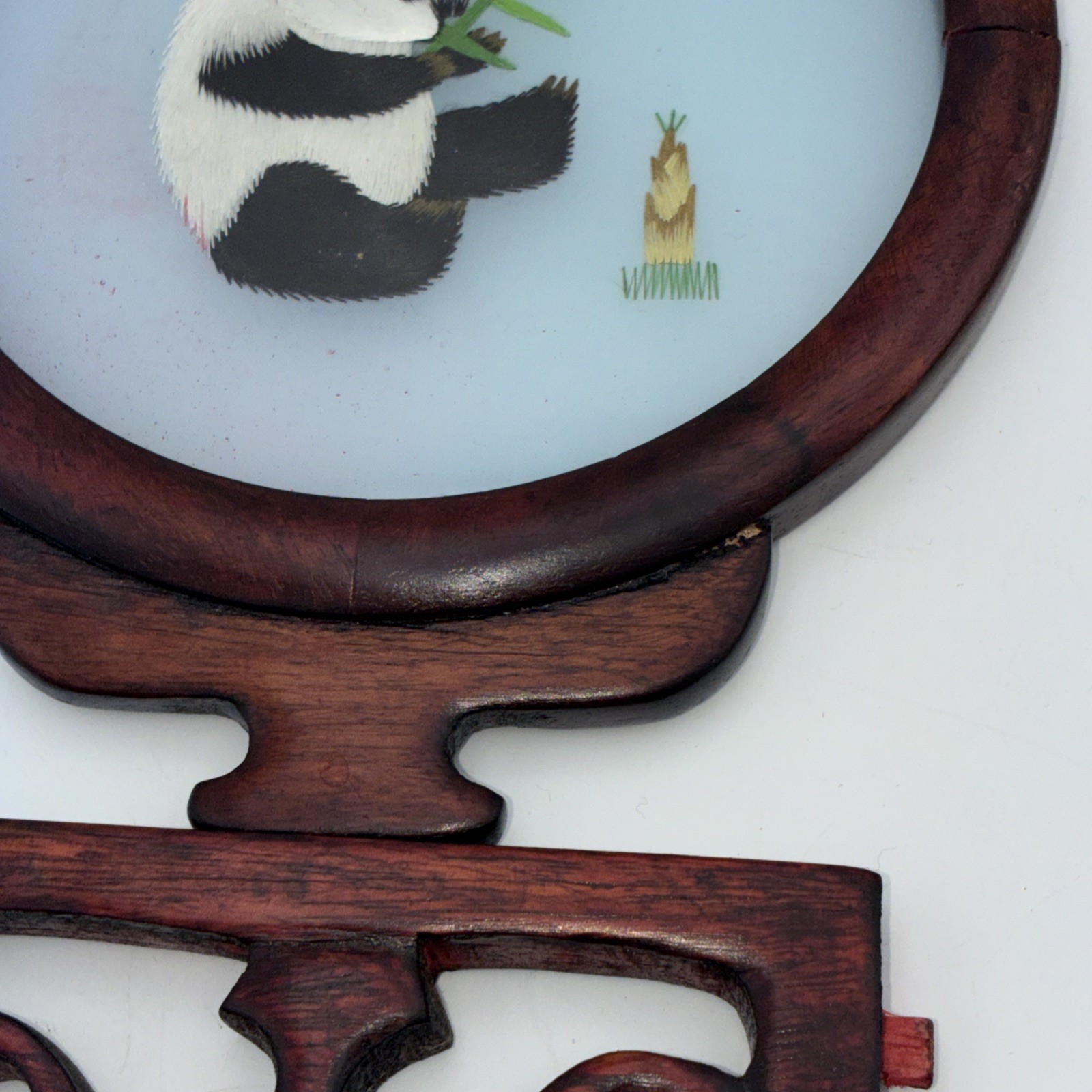 ASIAN Chinese Panda Double Sided Silk Embroidery Wooden Screen – Read
