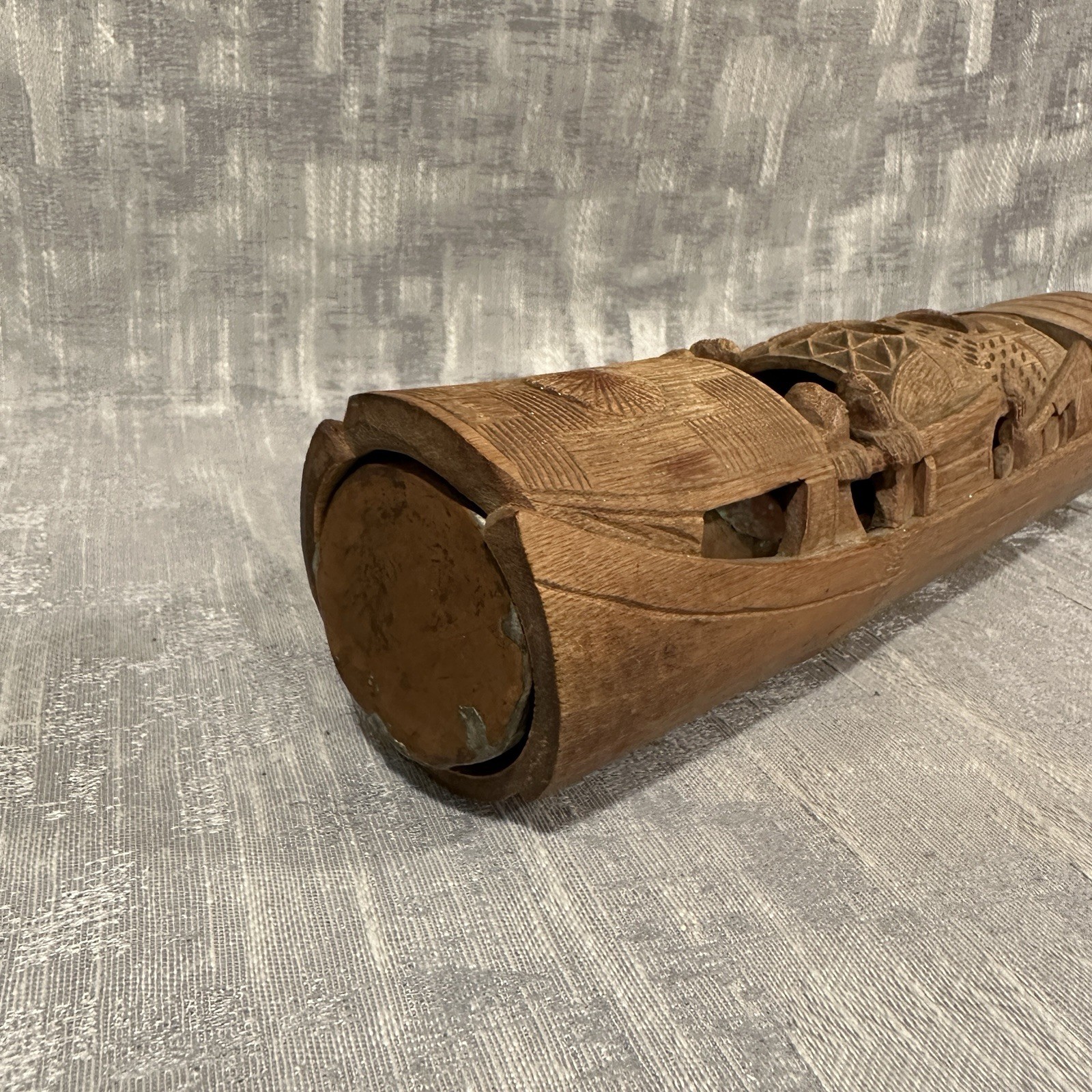 Vtg Chinese Carved Bamboo Junk Fishing Boat Copper Calligraphy Brush Tray Insert