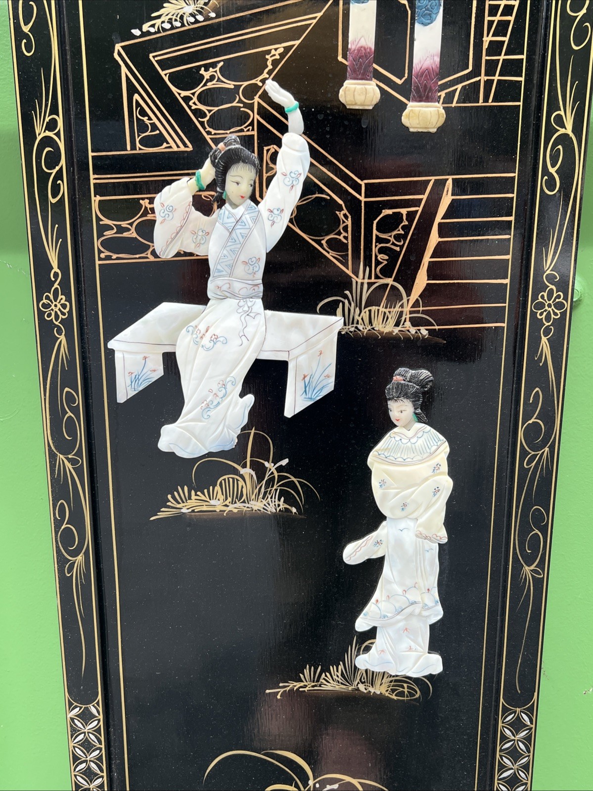 Chinese hanging screen inlaid with mother-of-pearl figures and stories 36”HX12”W