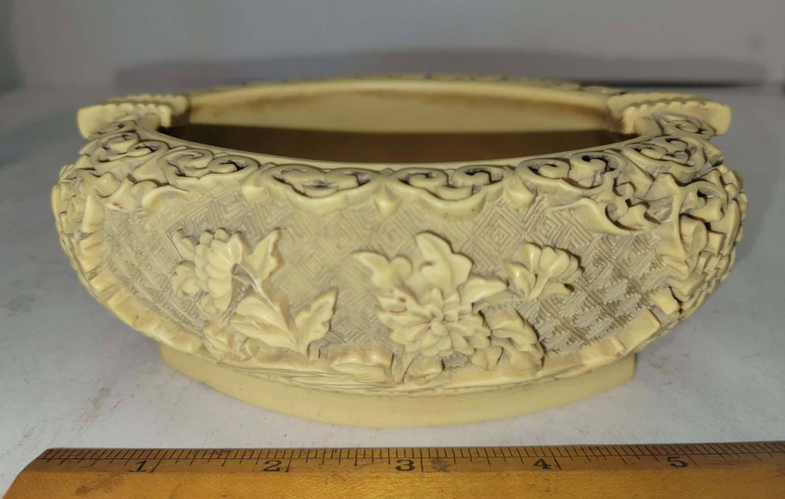 Vintage Chinese Carved Floral & Scrolled Ivory Color Cinnabar Ashtray Heavy