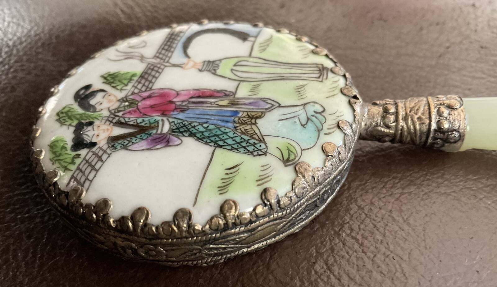 Chinese Small Hand Mirror Porcelain Scene Jade Handle China Asian Oriental