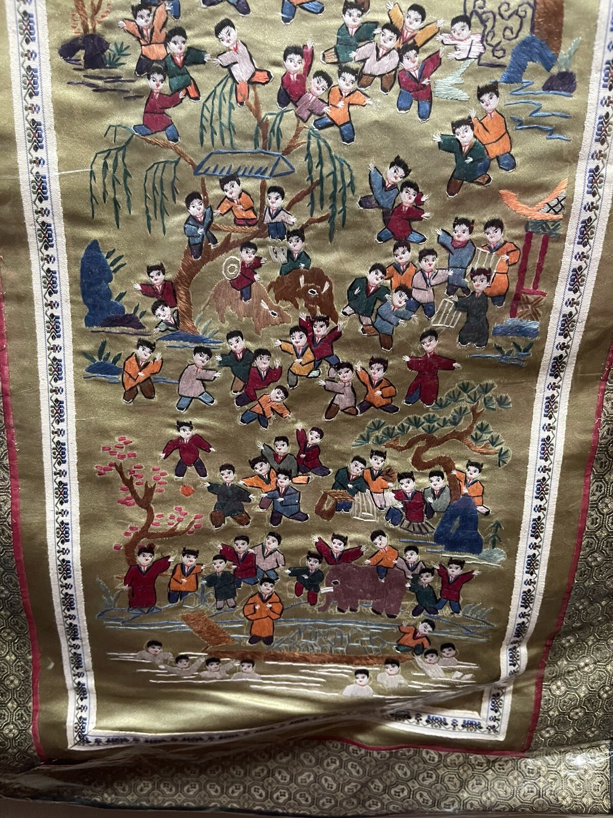 Chinese Silk Needlepoint Textile Tapestry Panel 100 One Hundred Happy Children