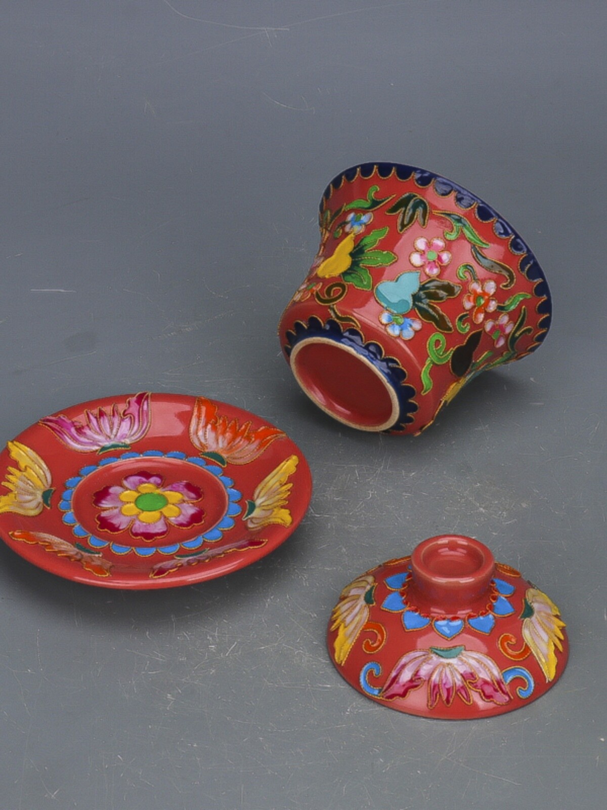 4.5″ China Song Ruyao Red Glaze Porcelain Wire Inlay Gourd San Cai Lid Bowl