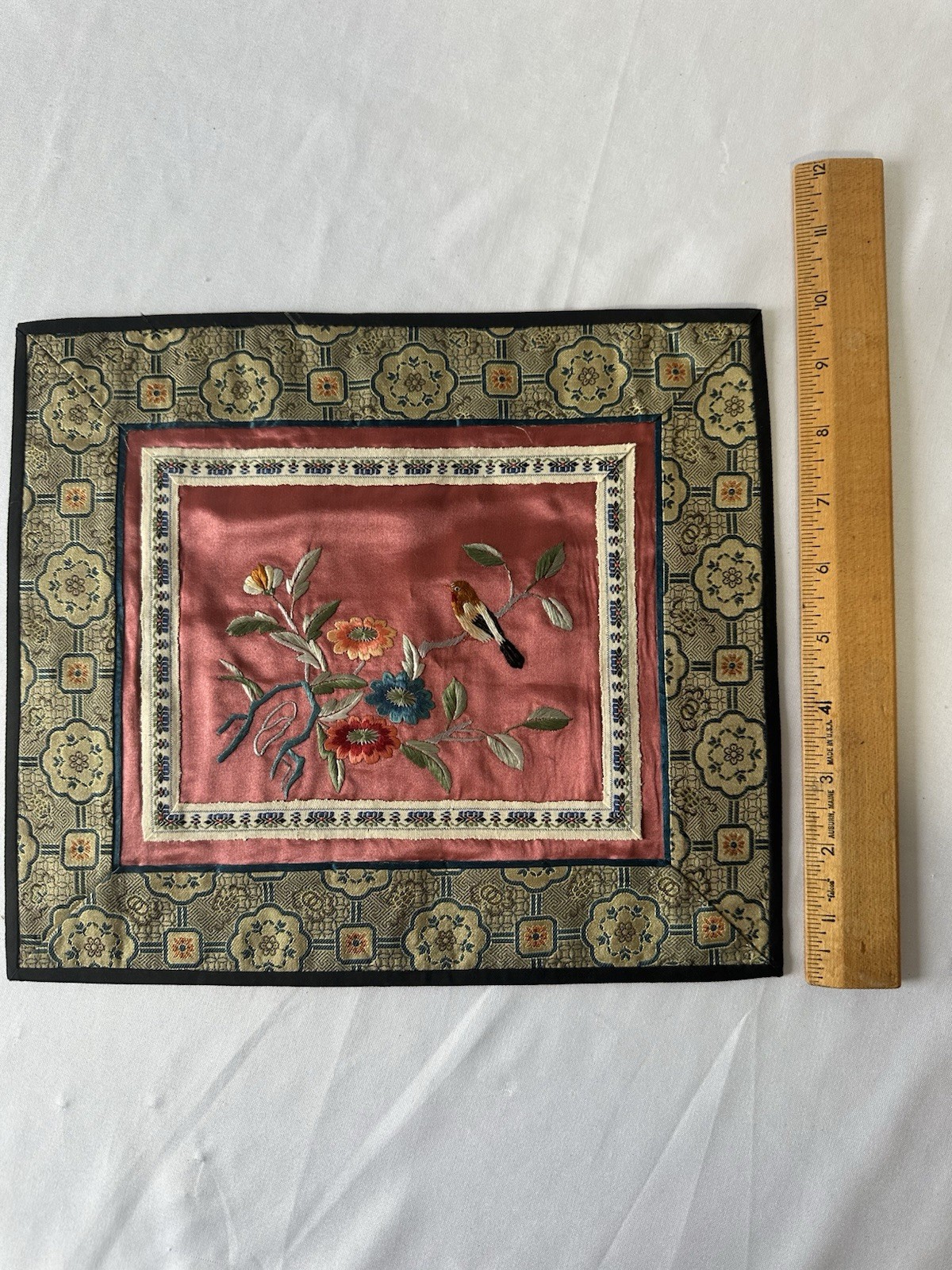 Vintage Chinese Silk Embroidered Square Textile Panel Patch 11×10 Floral Bird