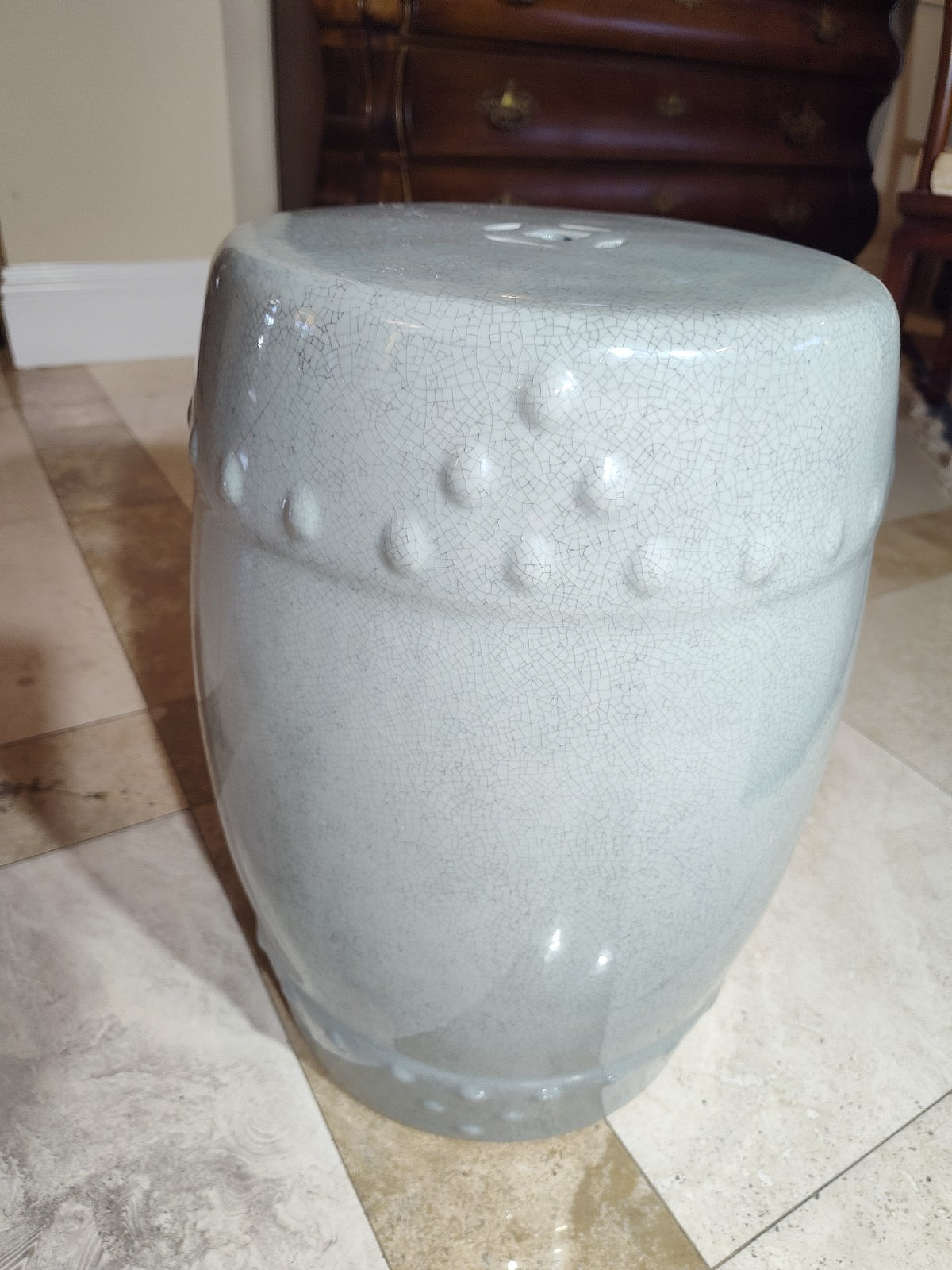 18 ” Vintage Chinese Celadon Porcelain Garden Seat. Hobnailed and Pierced.