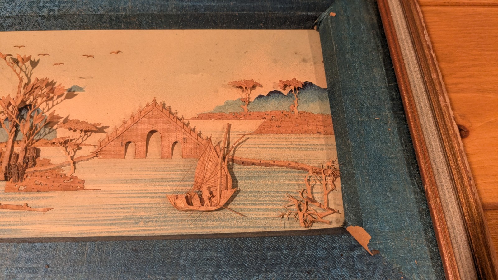 Vintage 1960s Fuzhou Cork Carving 3D Diorama Hangzhou White Cloud Hermitage