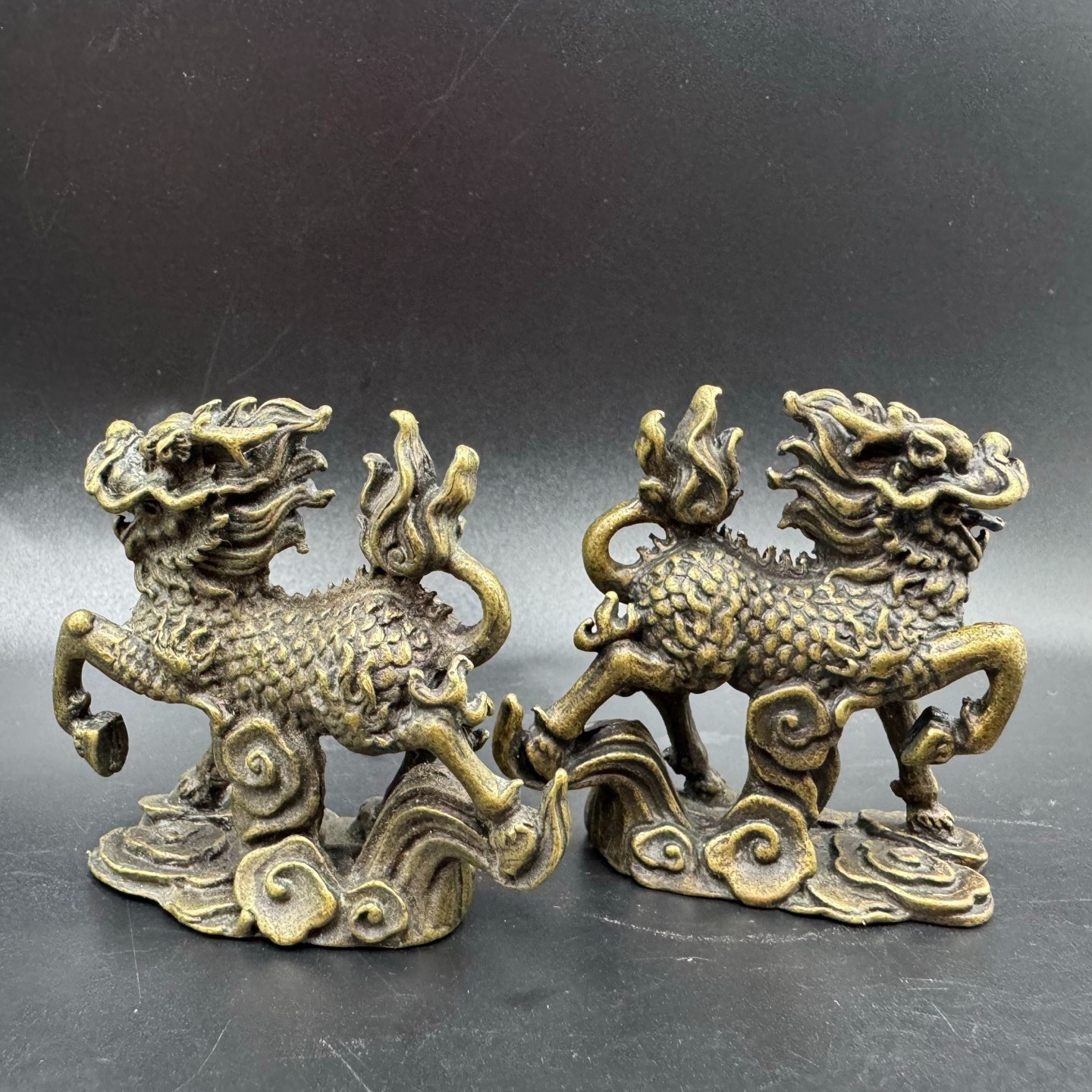 Vintage Brass Qilin Kirin Mini Statues Feng Shui Wealth Protection Desk Ornament