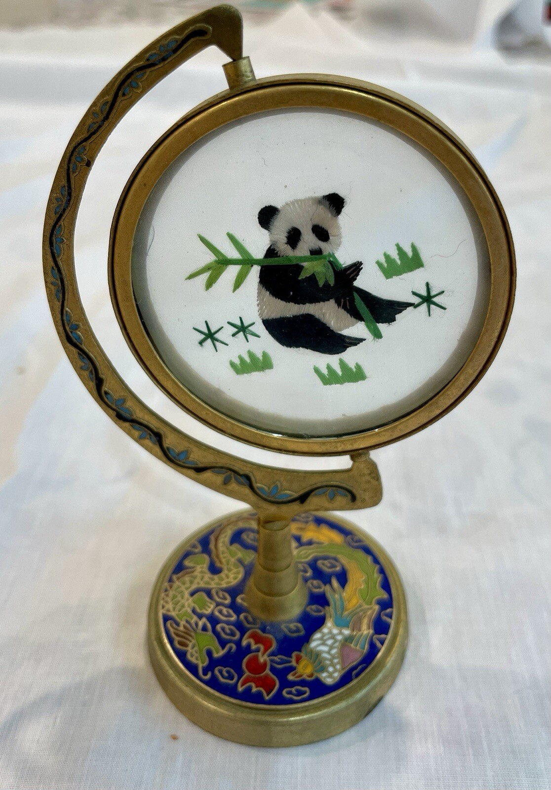 Vintage Suzhou Chinese Silk Embroidered Panda Cloisonné Enamel Metal Stand