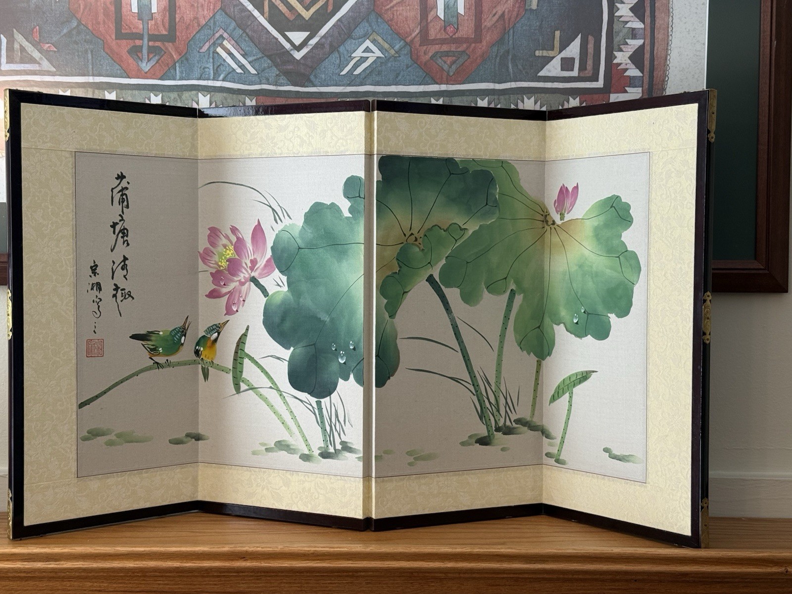 New 4-Panel Folding Screen, Hand-Painted Silk. Chinese Asian Floral Birds 32×17