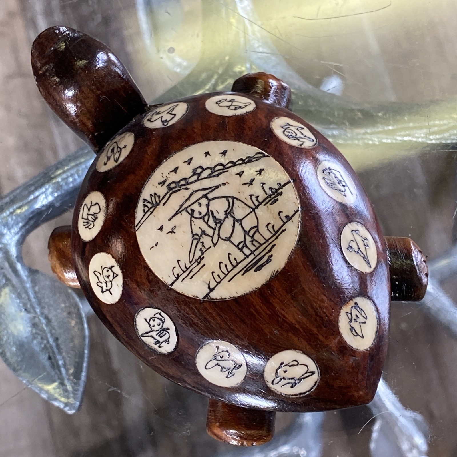 Vintage Carved Wood Turtle with Inlaid Chinese Zodiac Signs Opens to Compass 4”