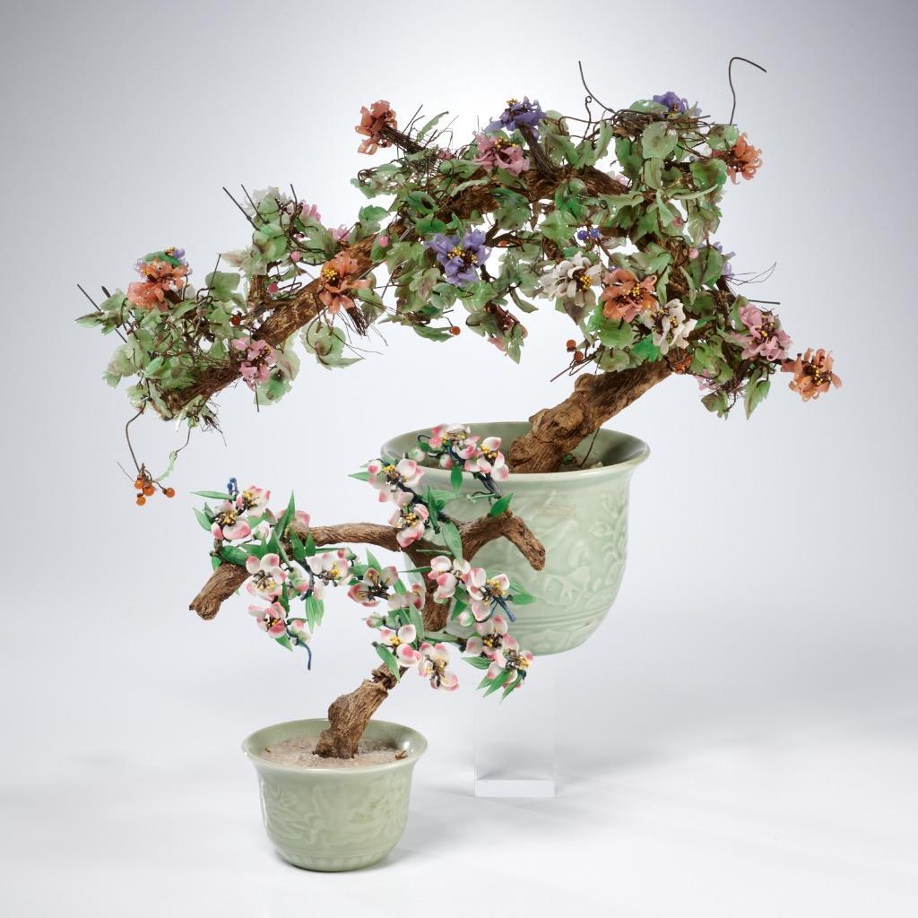 Chinese Jade Glass Stone Bonsai Multicolored Celadon Pot Trees 2pc Lot 17″l 8″l
