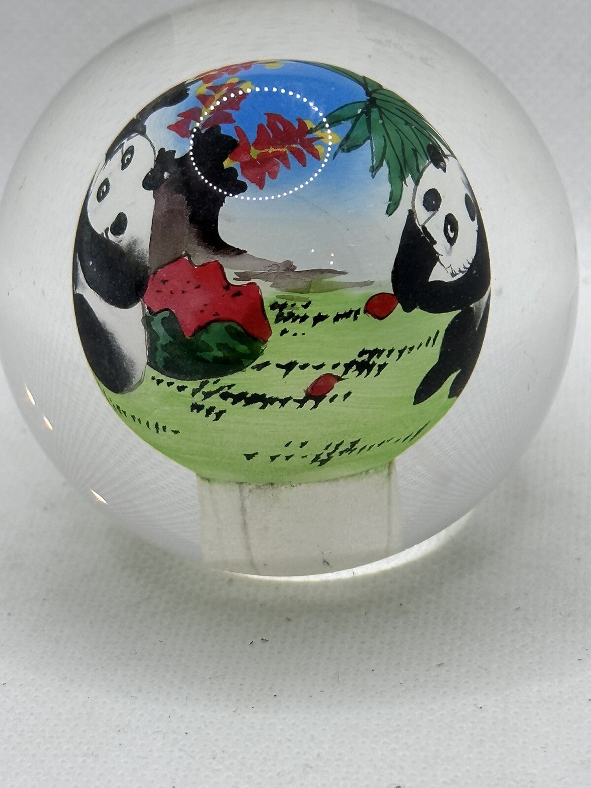 Chinese Glass Ball Sphere Paperweight Reverse Hand Painted Pandas