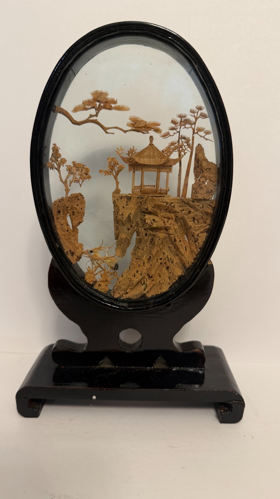 San You Chinese Carved Cork Diorama Glass Case Cranes Pagoda Trees 8 Inch