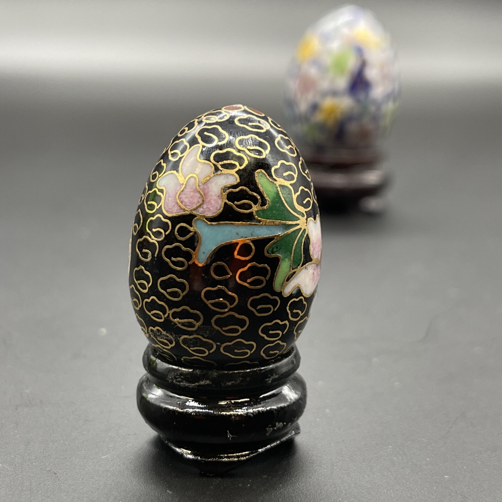 Cloisonné Eggs & Wooden Stands Floral Multicolor & Gold Design Small