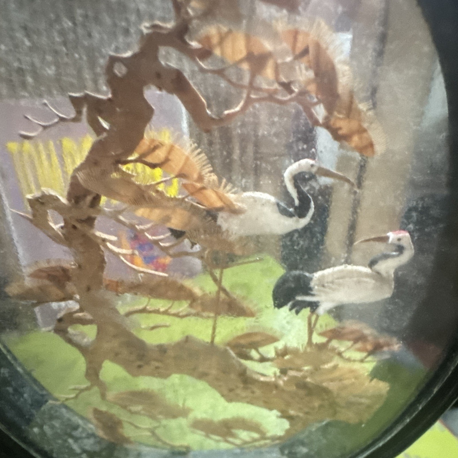 Chinese Glass Table Screen with Carved Cranes Tree Motif Black Stand