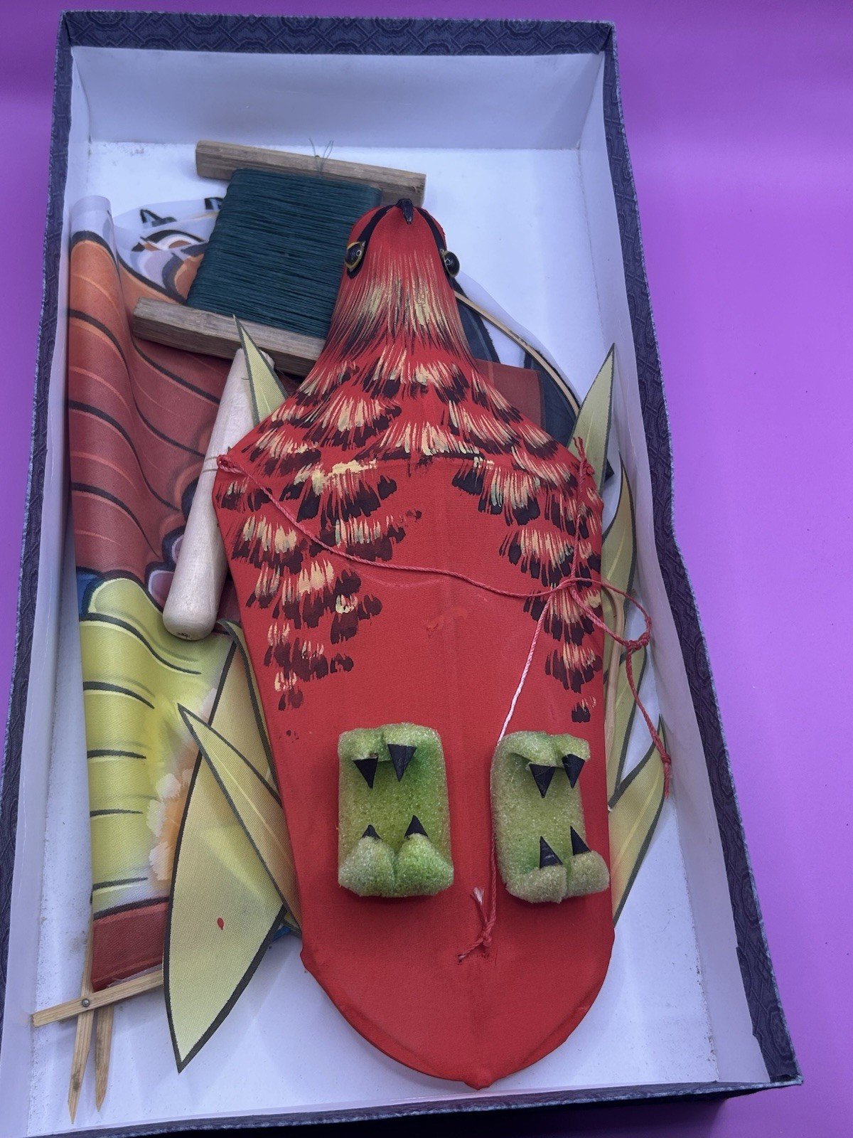Vintage Chinese Silk & Bamboo Bird of Prey Kite with Box 36″ wingspan Rare Red
