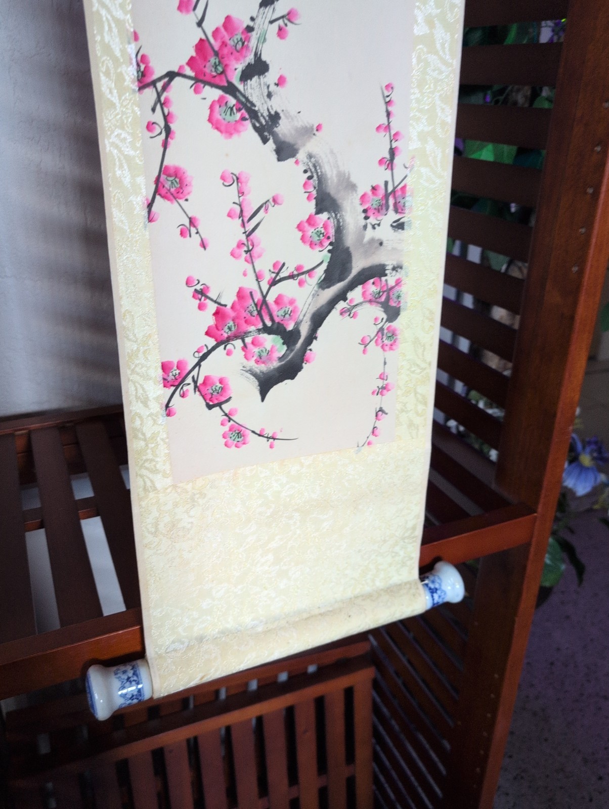 Vtg Original Chinese Plum Blossom Scroll Blue/ Wht Porcelain Knobs 96 cm x 24 cm