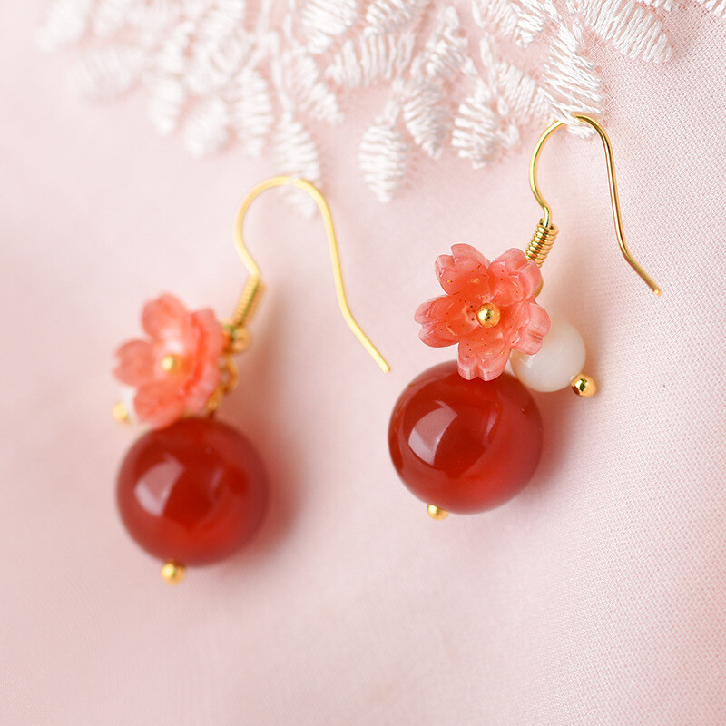 China Agate/Coloured Glaze Flower Tibetan Style Exquisite Earbob Earrings