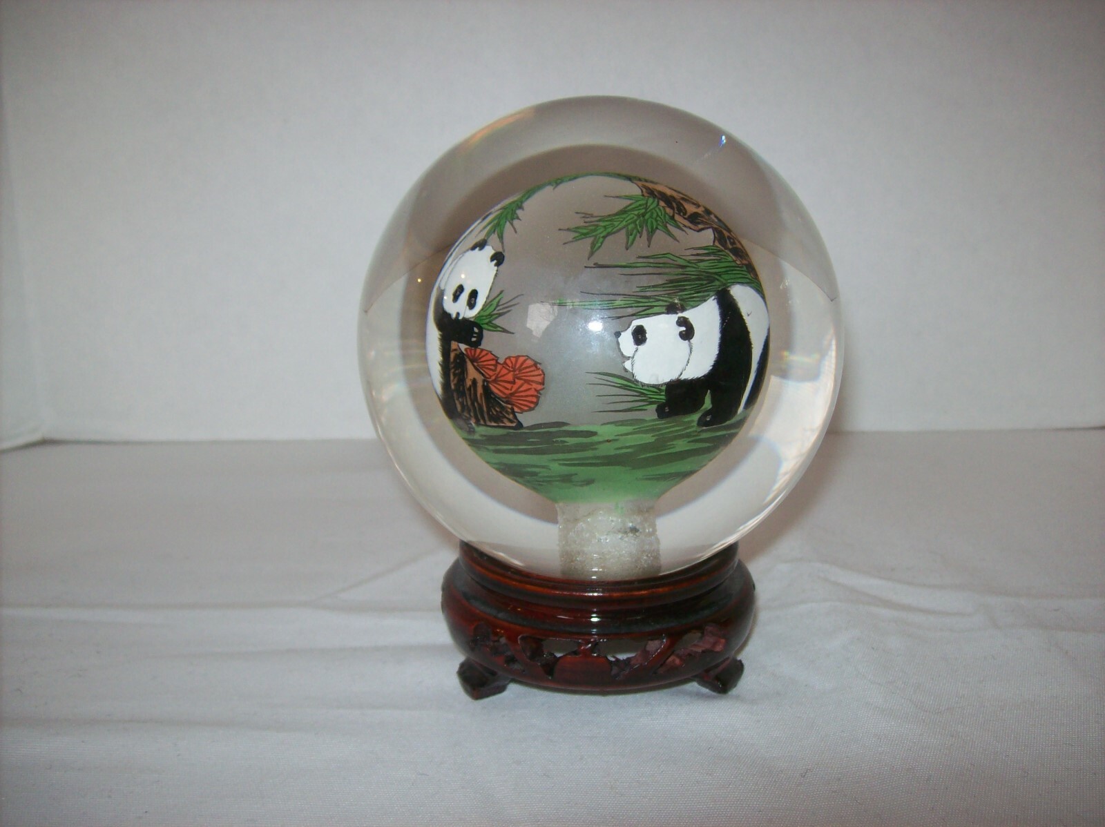 Asian Panda Bears Reverse Hand Painted Solid Glass Ball-Orb-Sphere-Globe w/Stand