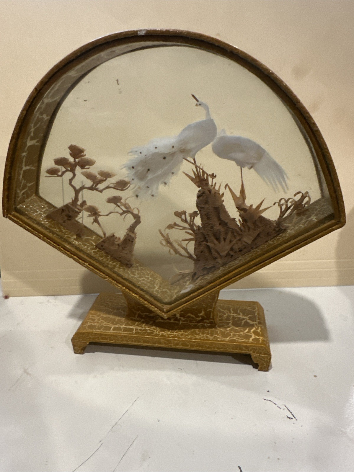 Asian Diorama Shadow Box Cork Sculpture Peacocks Hand Carved Gold Tone Frame Vtg