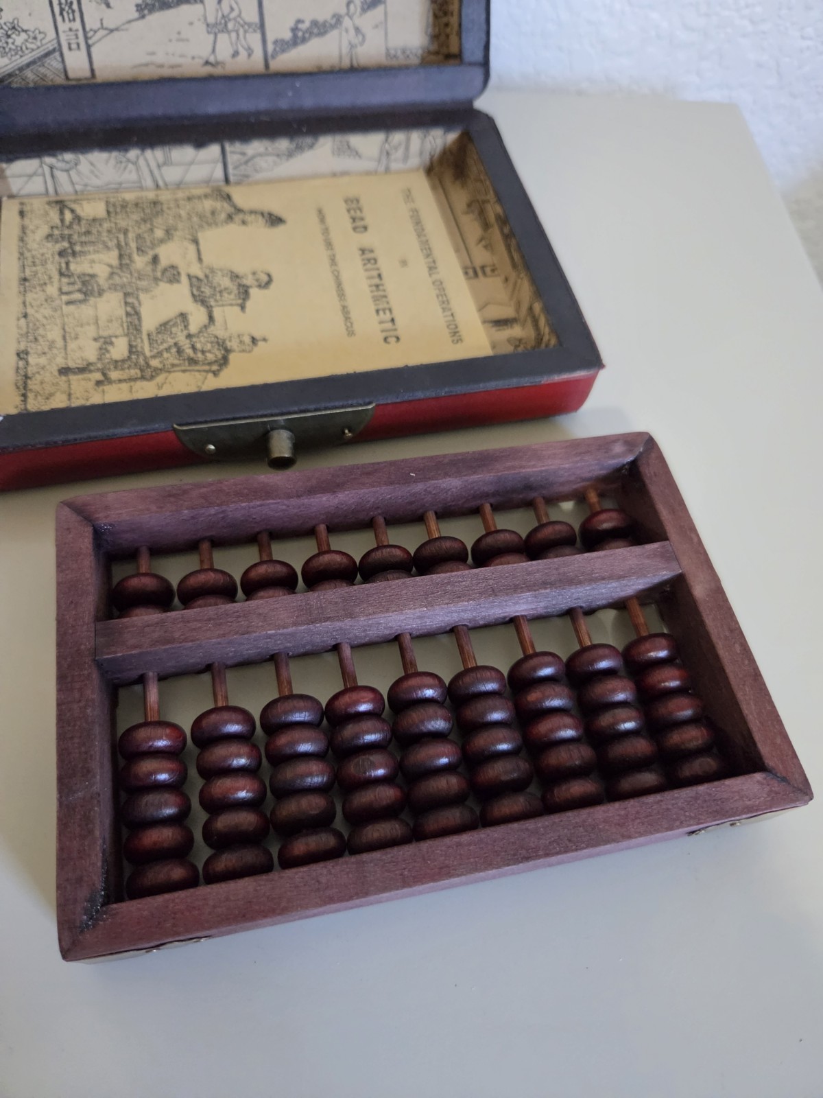 Vintage Chinese Abacus 2:5 Beads w/ Red Phoenix Dragon Brass Wood Box + Booklet
