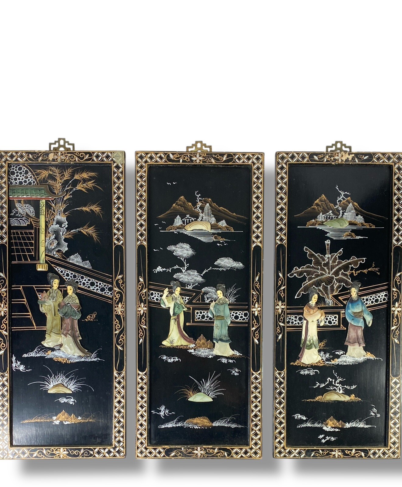Vtg Lacquered Macau Black Wall Panels Mother of Pearl Decoration Asian Set 3