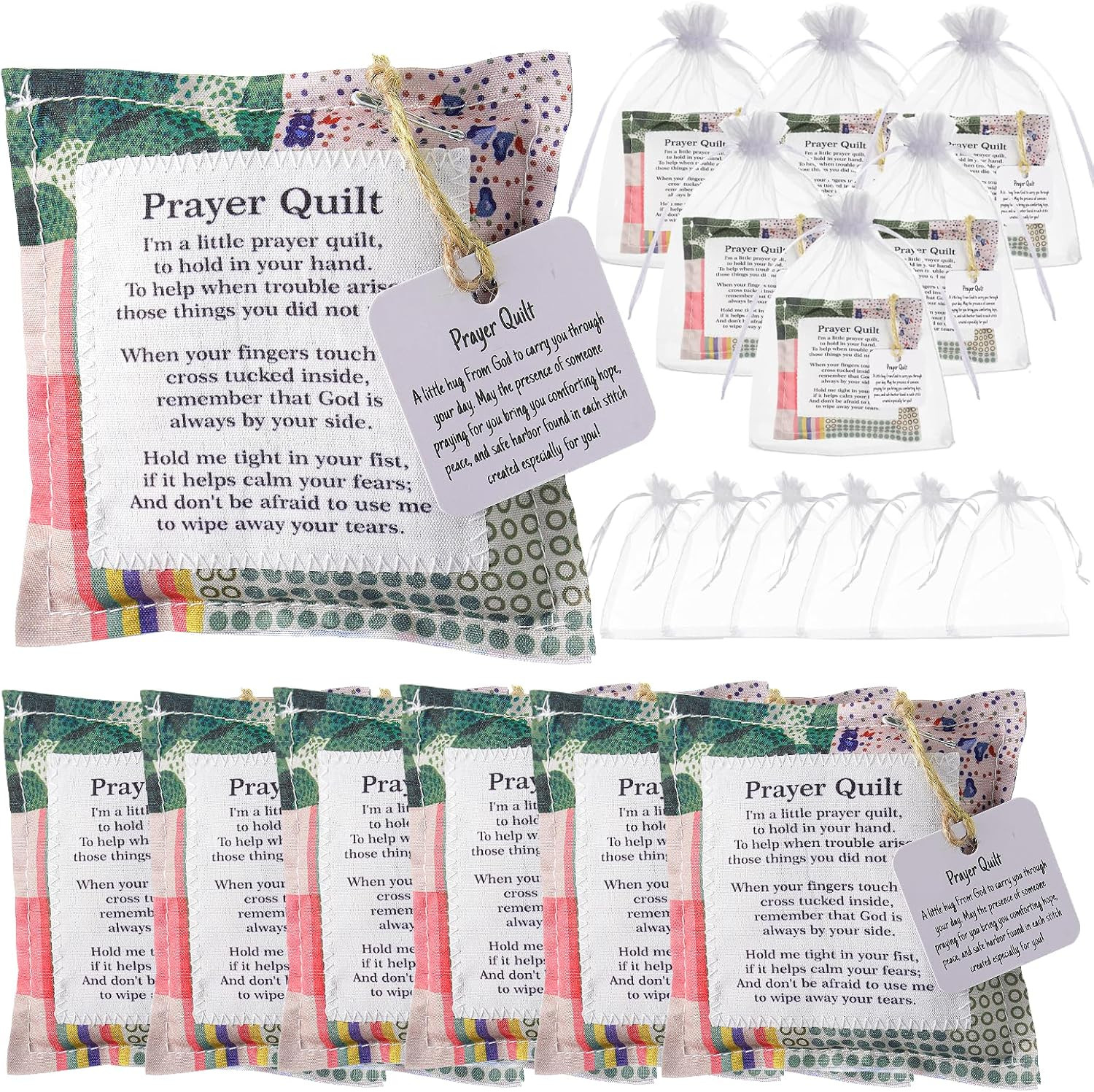 6 Pcs Mini Prayer Quilt with Cross inside with 6 Organza Bags, Vintage Pocket Sc