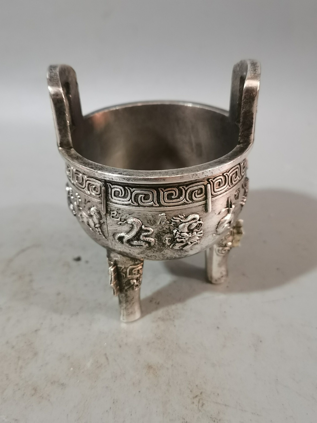 4″ tibet silver copper carved 12 Zodiac animals Three legs ding Incense Burner