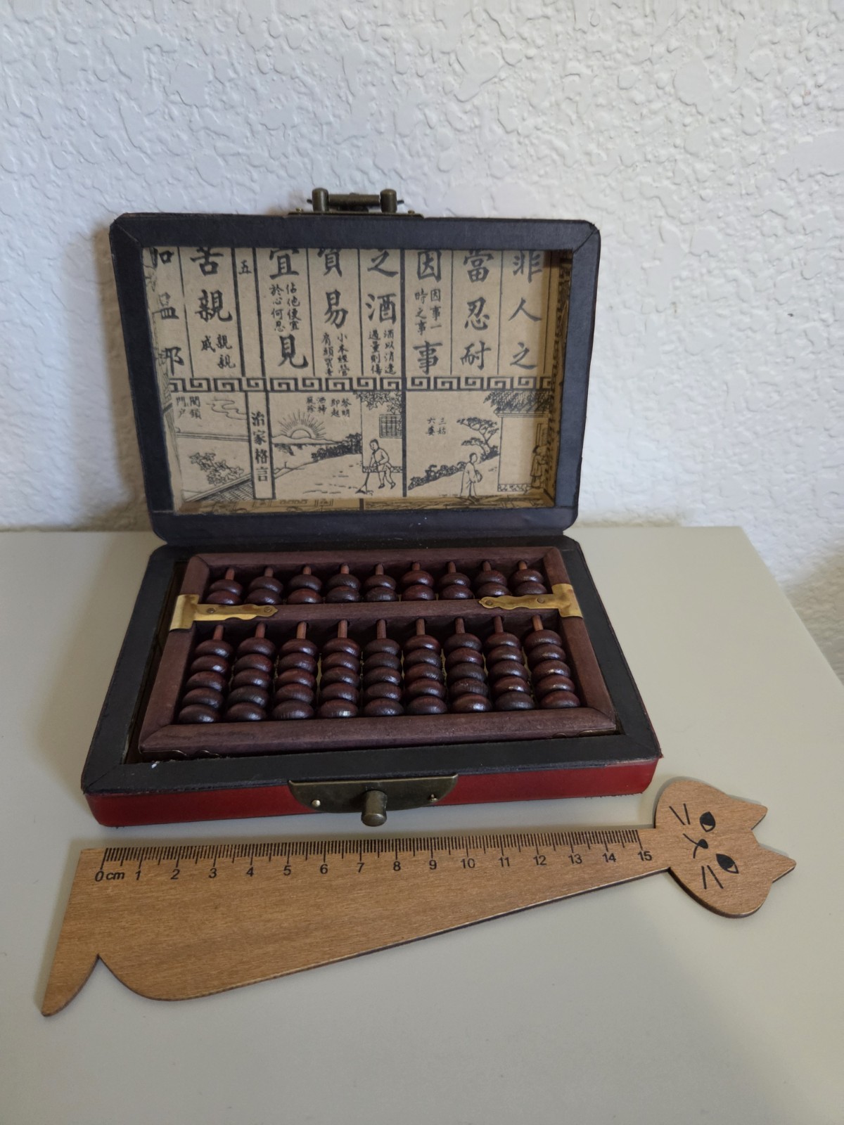 Vintage Chinese Abacus 2:5 Beads w/ Red Phoenix Dragon Brass Wood Box + Booklet
