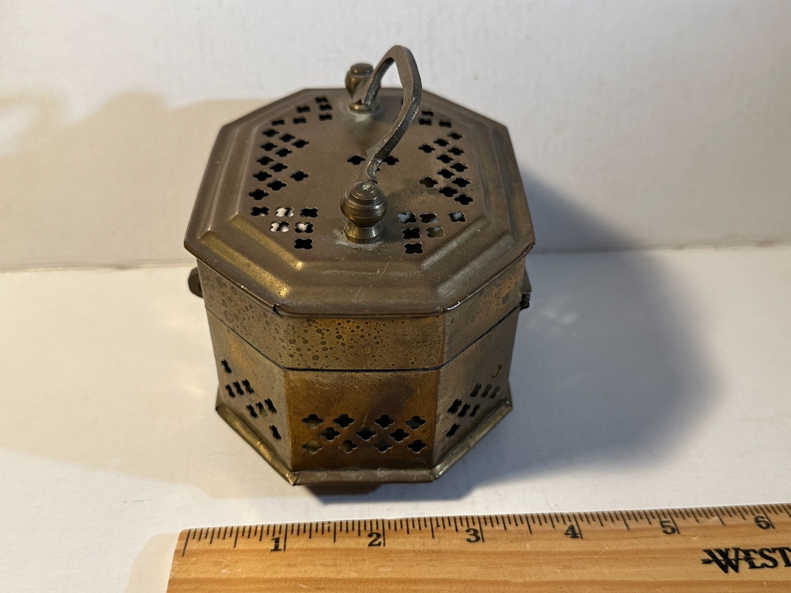 Vintage Brass pierced Cricket Cage. Trinket Box 4.5″ L x 3.25″ W x 3.5″ T