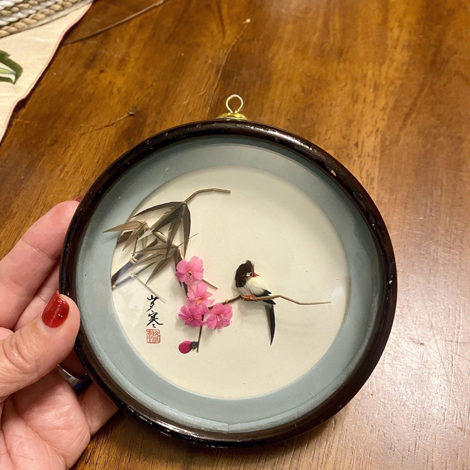 Vintage Framed Chinese 3D feather art diorama