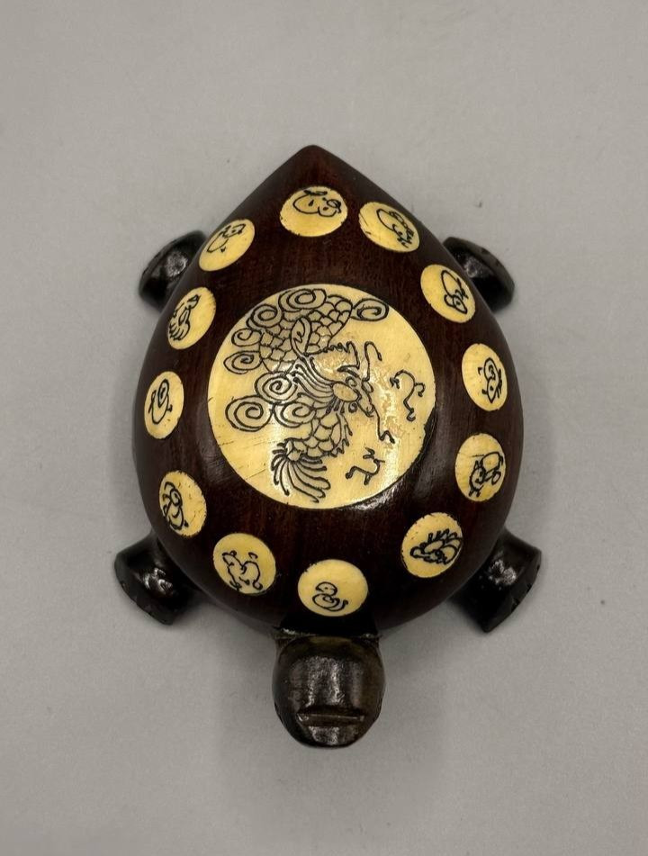 Vintage Carved Wood Turtle with Chinese Zodiac Compass – Functional Inlay