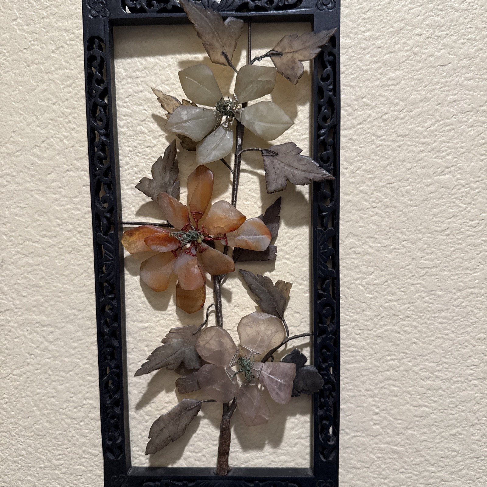 Vintage Handmade Oriental Carnelian, Agate Flower Black Rectangle frame