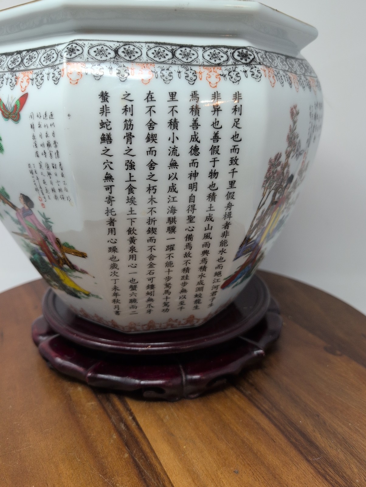 Asian Hexagonal Porcelain Planter 9.25″ By 9″ Tall Women Butterflies Calligraph