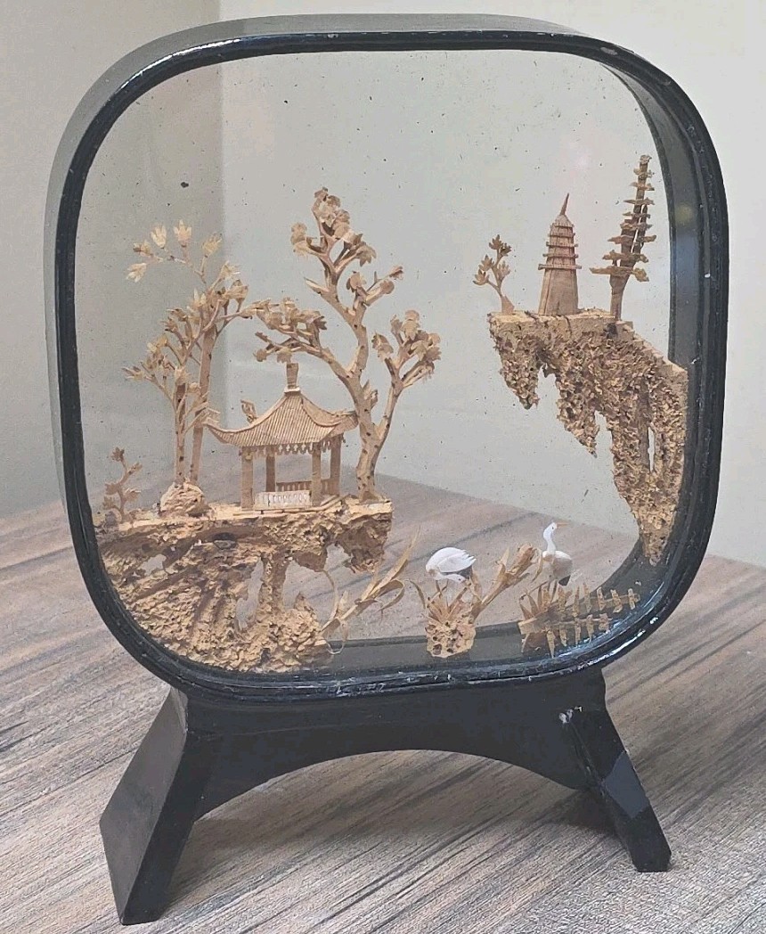 Vintage Chinese Cork Hand Carved Diorama In Glass & Black Laquered Wood Case