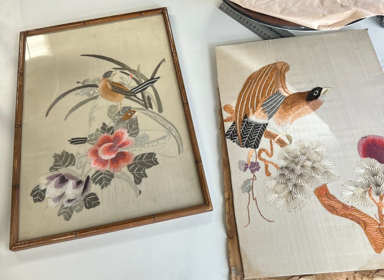 2 Vintage Chinese Silk Embroidered Cranes Art damaged