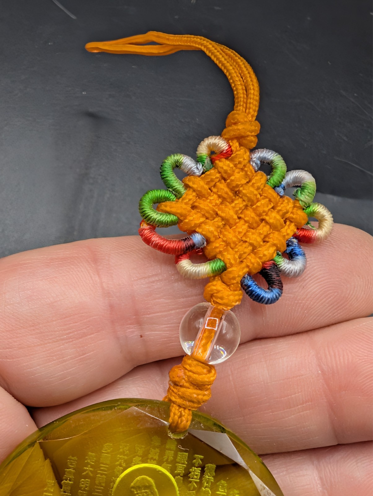 Reversed Carved Chinese Goddess Yellow Glass Tassel Hanging