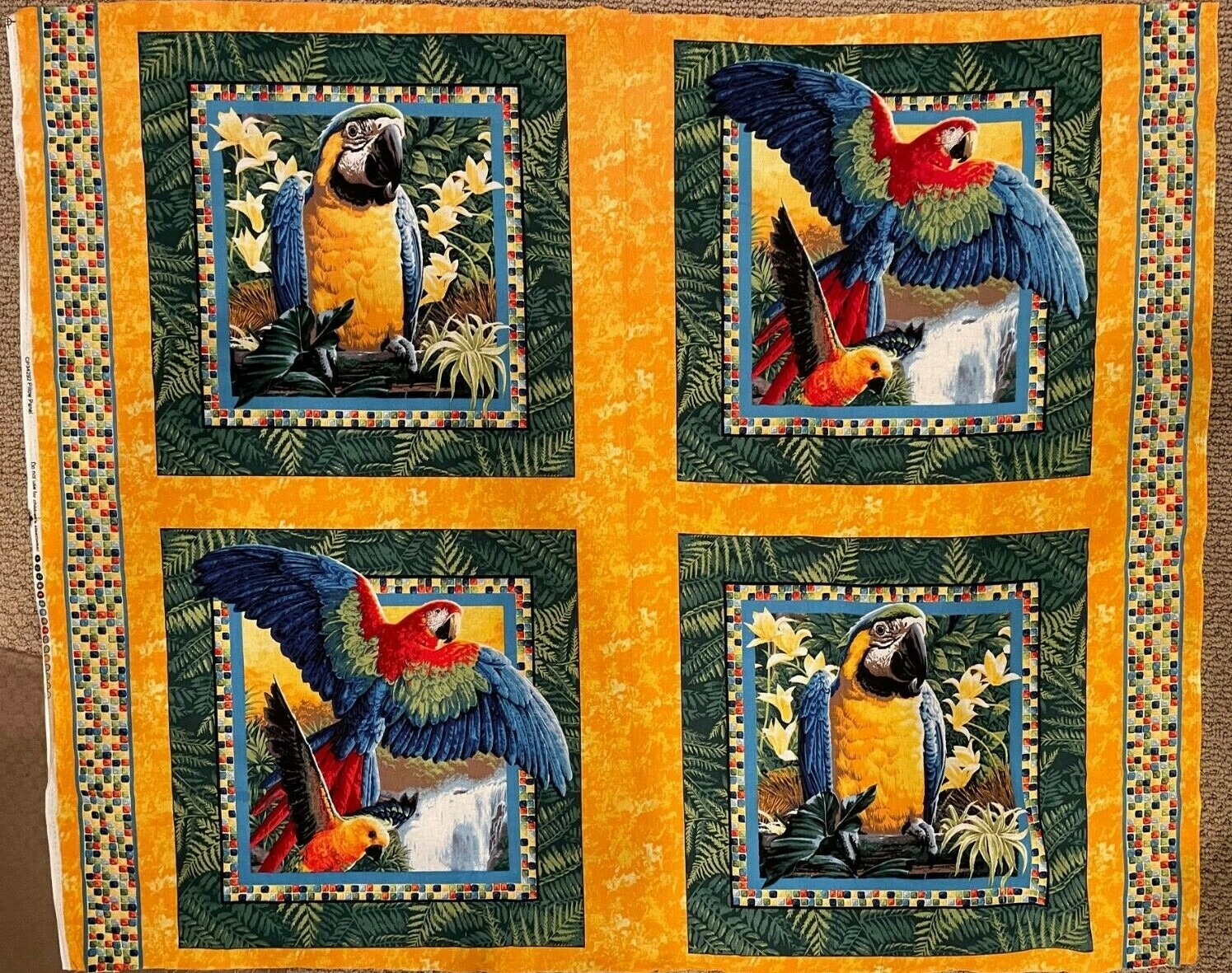 PARROT FABRIC PILLOW PANELS make 4 pillows Wild Wings Macaw Birds Fabric