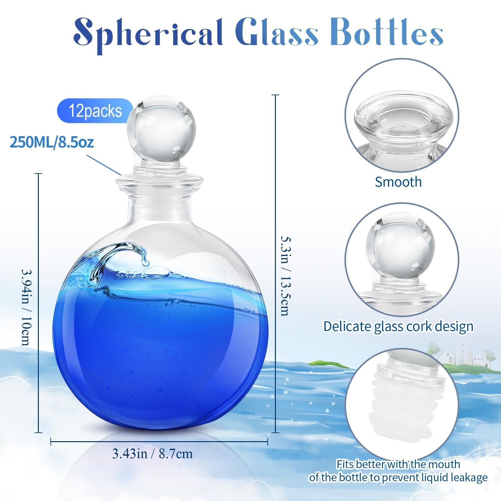 12 Pcs Spherical Glass Bottles with Lid 8.5 oz Round Potion Bottles Clear Hal…