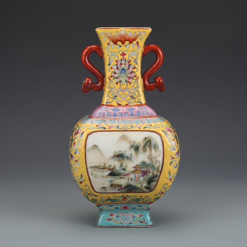 8.8″ China Colour Enamels Porcelain Yellow Glaze Hill Water Scenery Two Ear Vase
