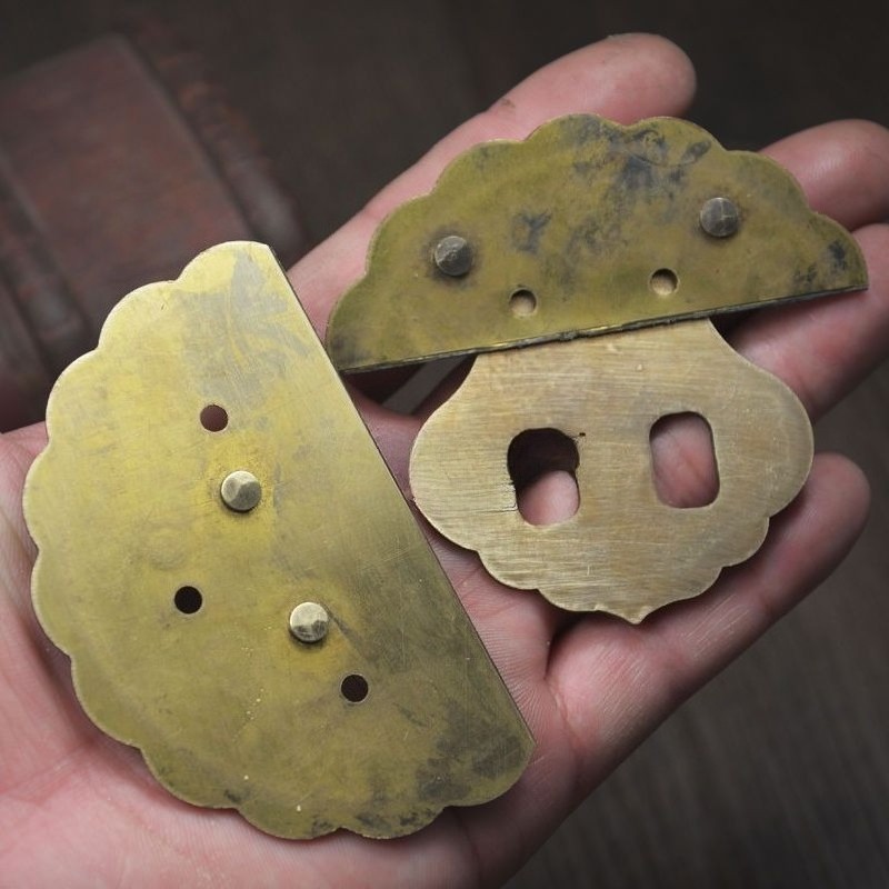 Vintage Chinese Brass Lock Clasp Set 8cm Antique Furniture Copper Hardware Plate