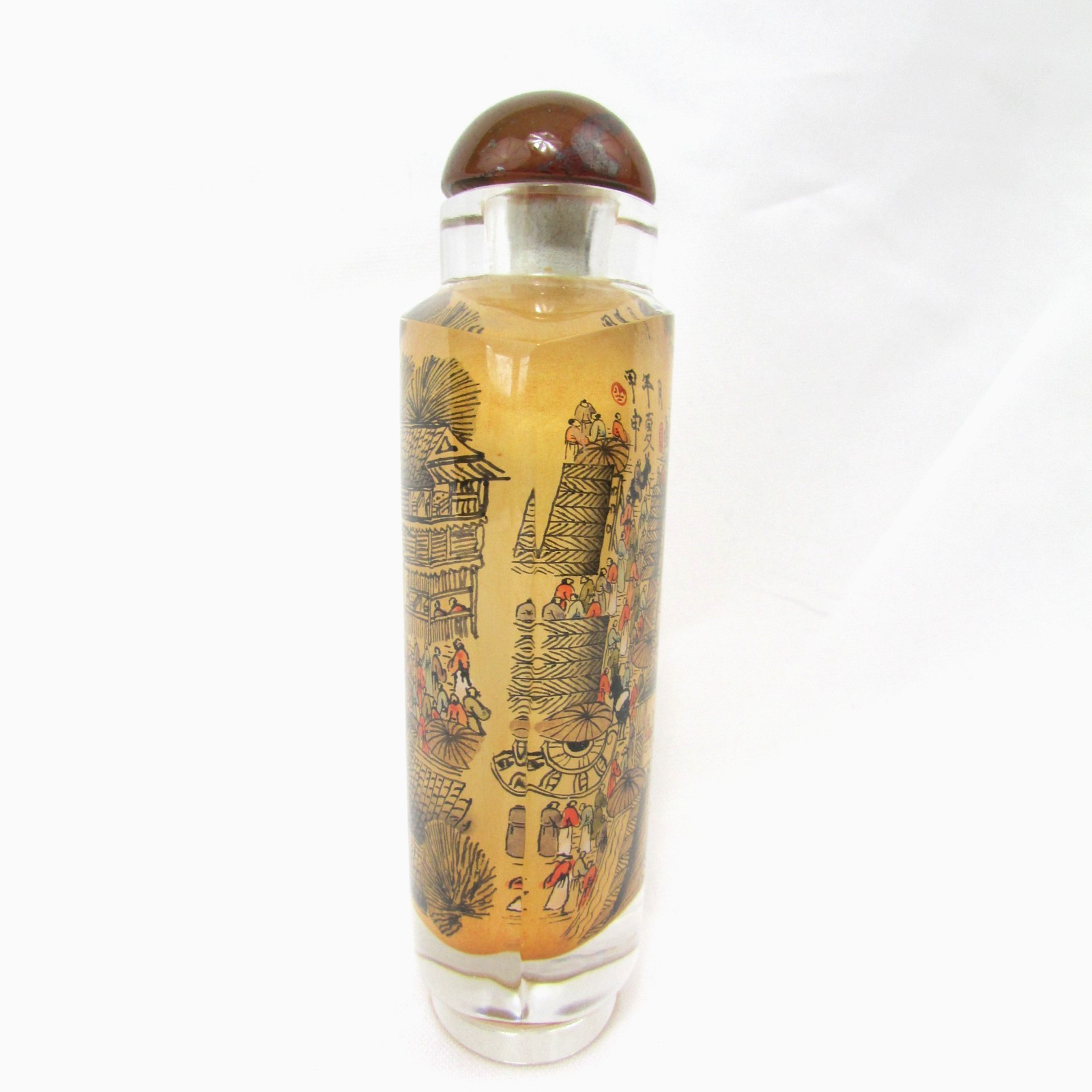 Vtg Reverse Painted Perfume Bottle Chinese Village Scene Cased Glass W/Stopper