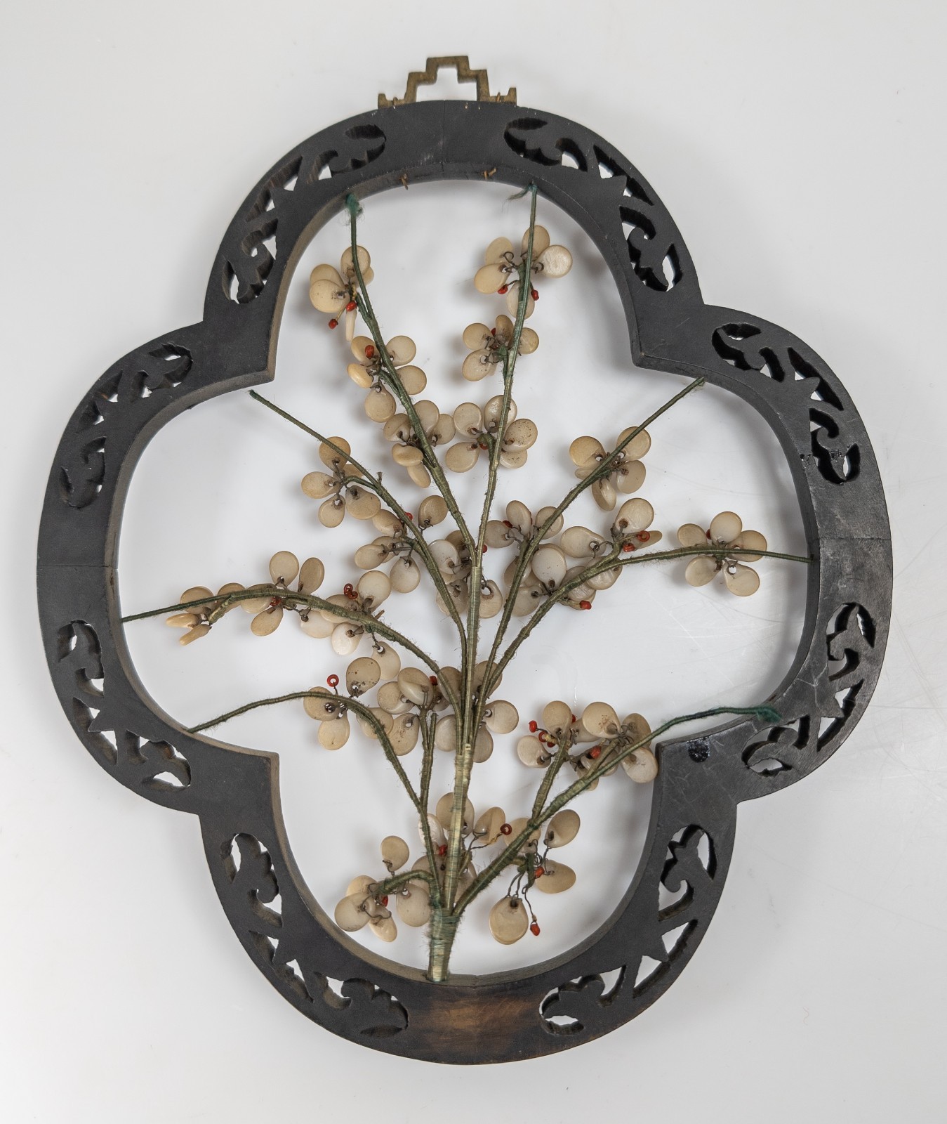Vintage Chinese Faux Jade Peking Glass Prunus Flower Wall Hanging