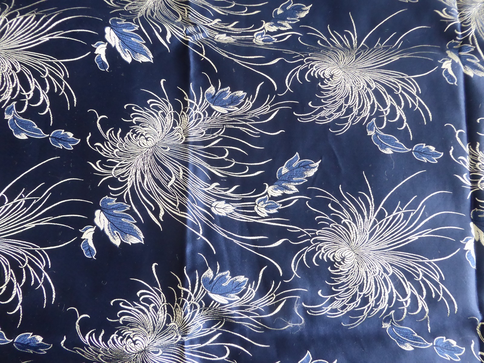 Vintage Chinese Silk Brocade Fabric Textile Silver Chrysanthemum 29×92″ 2.6 yard