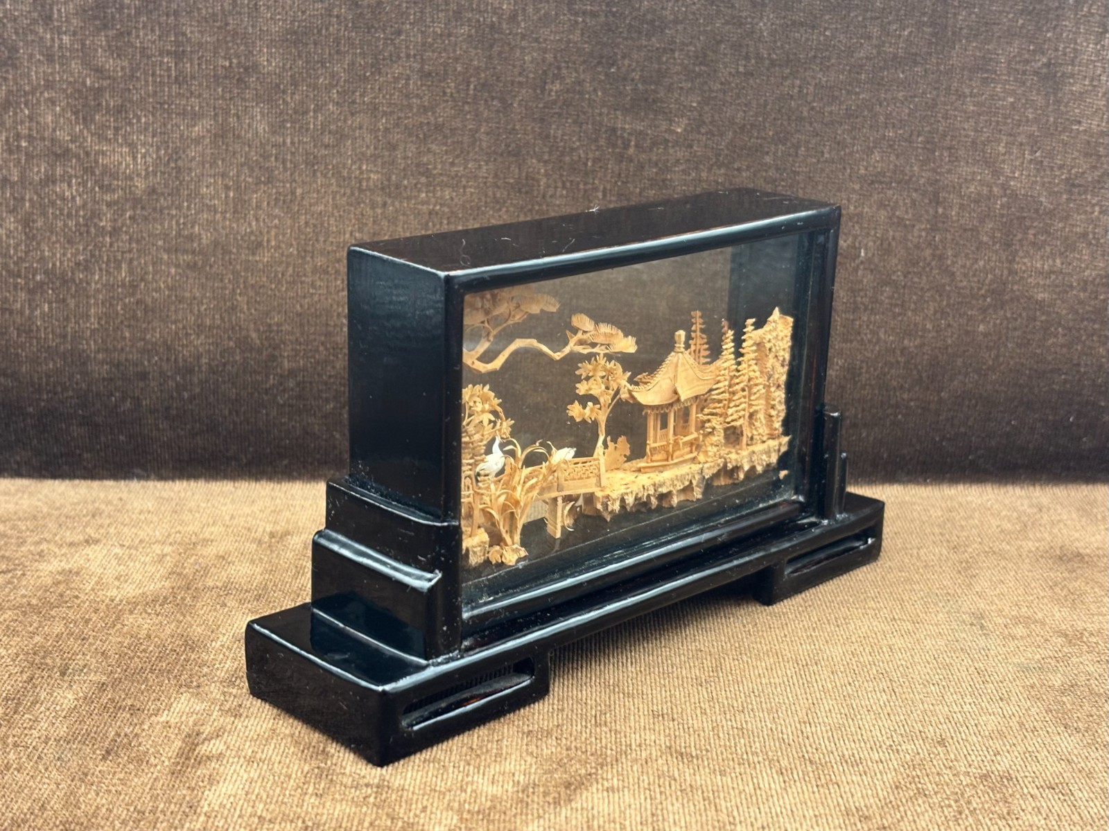 Chinese Carved Cork Sculpture Diorama 2 White Cranes Herons Black Enamel Frame